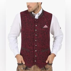 Kruger Bavarian German mens waistcoat vest linen eur 44 brown red embroidery